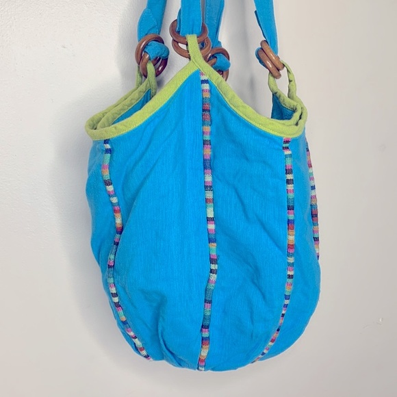 Blue Cotton Handmade Boho Satchel | Bucket Bag | Market Hippie Carry On Tote - Picture 4 of 8